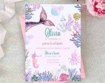 Invitación de cumpleaños de sirena, invitación de cumpleaños de sirena bajo el mar, invitaciones de sirena, invitación de cola de sirena, Canva editable