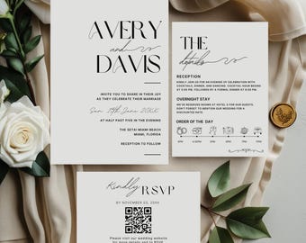 Editable Minimalist Wedding Invitation Template Bundle with Qr Code, Online Rsvp, Details Card, Modern Invite Suite, Printable Details Set