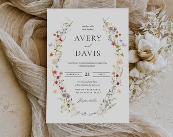 Floral Wedding Invitation Template, Canva Editable Template, Printable Wedding Invitation, Boho WildFlower Invitation, Instant Download