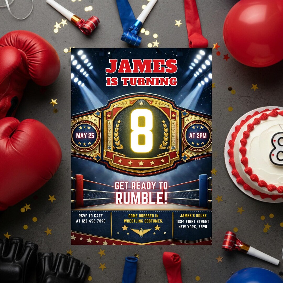 Wrestling Birthday Invitation: Championship Belt, Boxing MMA Ticket ...