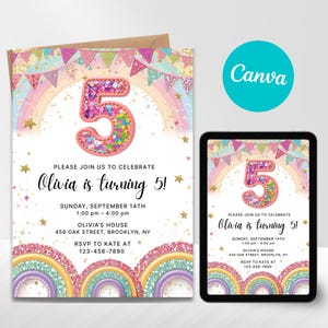 Rainbow Sequin 5th Birthday Invitation