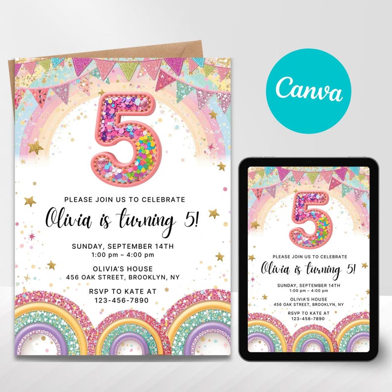 Rainbow Sequin 5th Birthday Invitation