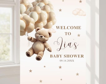 Bearbeitbares Gender Neutral Bär-Babyparty-Willkommensschild, Braun Boho Bear Shower Poster, Bär-Baby-Dusche-Dekor, Instant Download. Leinwand