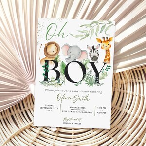 Editable Oh Boy Safari Baby Shower Invitation Greenery Jungle Safari Baby Shower Invite Safari Animals Printable Template Instant Download