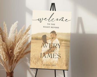 Placa de jantar de ensaio com foto, Placa de boas-vindas para jantar de ensaio com foto, Editável na noite anterior, Modelo de placa de boas-vindas, Decoração