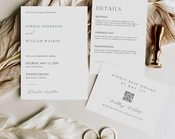 Minimalistische Hochzeitseinladung mit QR-Code, elegante Hochzeitseinladungen, moderne Hochzeitseinladung, bearbeitbare Canva-Vorlage, druckbare Einladung