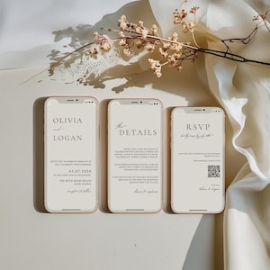 Peut inclure: Trois smartphones affichant des informations de mariage. Les écrans présentent du texte tel que "Olivia and Logan", "The Details" et "RSVP". L'ensemble est disposé sur un fond neutre avec des éléments floraux, suggérant un thème de mariage.