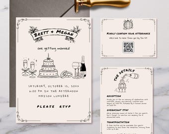 Illustrated Wedding Suite Template, Hand Drawn Wedding Invitation Set, Wedding Invitation RSVP,  Handwritten Invite, Unique Wedding Invites