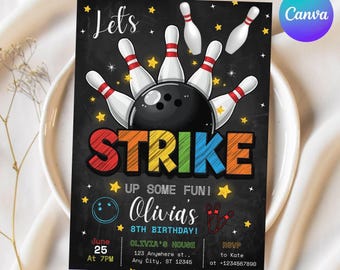 Editable Bowling Birthday Invitation, Digital Bowling Invitation Template, Printable Strike Up Some Fun Birthday Party Invitation, Canva