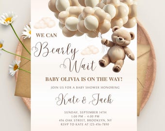 Editable Teddy Bear Baby Shower Invitation Template, We Can Bearly Wait Baby Shower Invite, Gender Neutral, Brown Bear Baby Shower, Canva