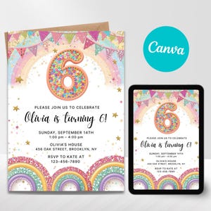 Rainbow Sequin 6th Birthday Invitation