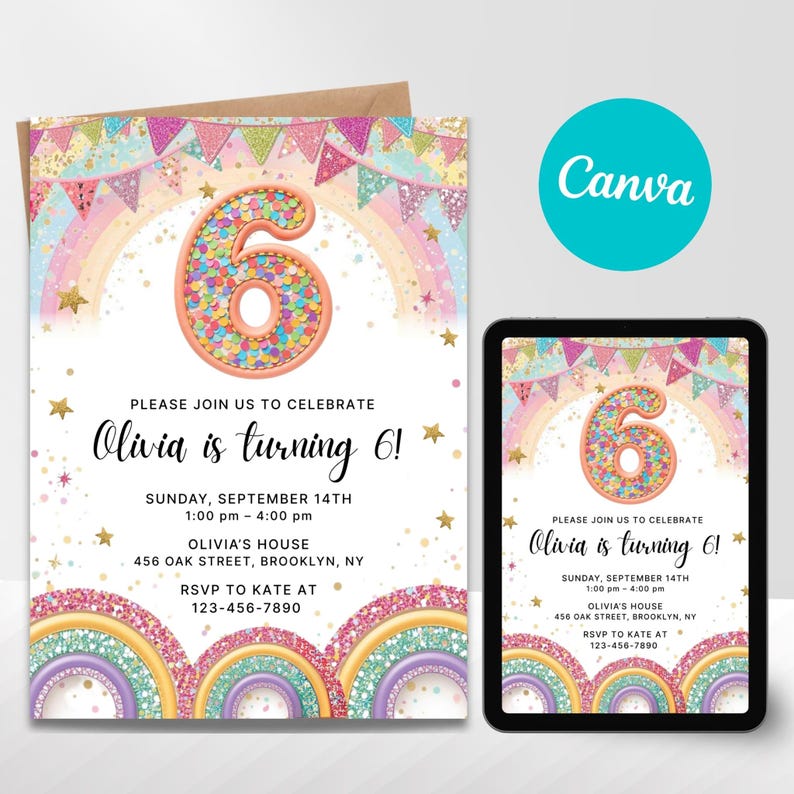 Rainbow Sequin 6th Birthday Invitation
