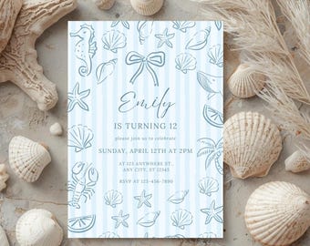 Editable Coquette Blue Shell Birthday Invitation, Seashells Birthday Invite, Beach Birthday Digital Invite, Canva Editable