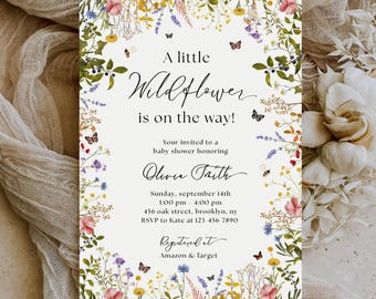 Editable A Little Wildflower Is on the Way Baby Shower Invitation, Baby in Bloom Baby Shower Invite, A Little Wildflower Baby Shower Invite