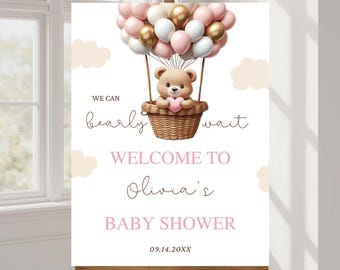 Digital Baby Girl Baby Shower Sign Template, Editable Electronic Bear Baby Shower Welcome Sign, Bearly Wait Baby Shower Decor Electronic
