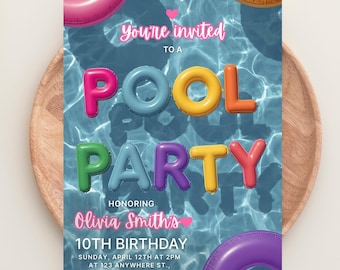 Editable Girls Pool Party Birthday Invitation Template Pool Party Birthday Party Invite Girls Teenage Birthday Invite Digital Download