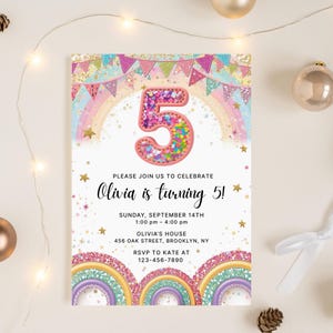 Rainbow Sequin 5th Birthday Invitation