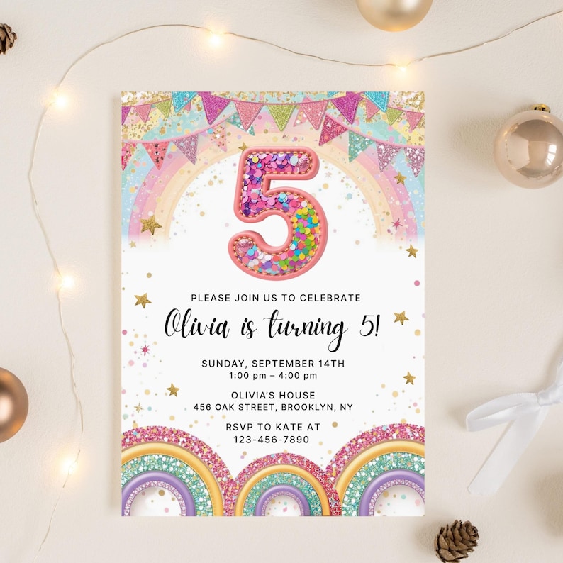 Rainbow Sequin 5th Birthday Invitation