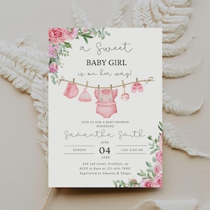 Girl Baby Clothes Baby Shower Invitation Template, Sweet Baby Girl Is On Her Way Invitation, Boho Girl Baby Shower Invite, Editable