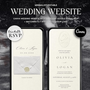 Puede incluir: Diseño minimalista de sitio web de bodas que se muestra en dos pantallas de teléfonos inteligentes. El diseño incluye el texto "WEDDING WEBSITE" y "trackable RSVP". El sitio web presenta detalles de la boda, incluidos nombres, fecha y lugar. El diseño es en blanco y negro.