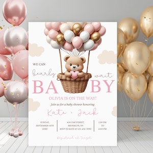Digital Baby Girl Shower Invitation Template, Editable Electronic Bear Baby Shower Evite, Bearly Wait Baby Shower Electronic Invite