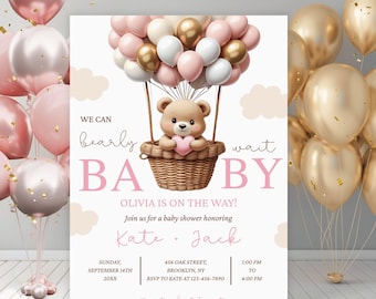 Digital Baby Girl Shower Invitation Template, Editable Electronic Bear Baby Shower Evite, Bearly Wait Baby Shower Electronic Invite