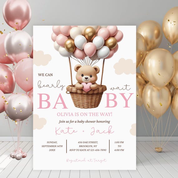 Digital Baby Girl Shower Invitation Template, Editable Electronic Bear Baby Shower Evite, Bearly Wait Baby Shower Electronic Invite