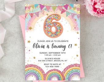 Editable Rainbow Sequin 6th Birthday Invitation: Printable Canva Template (PDF File)