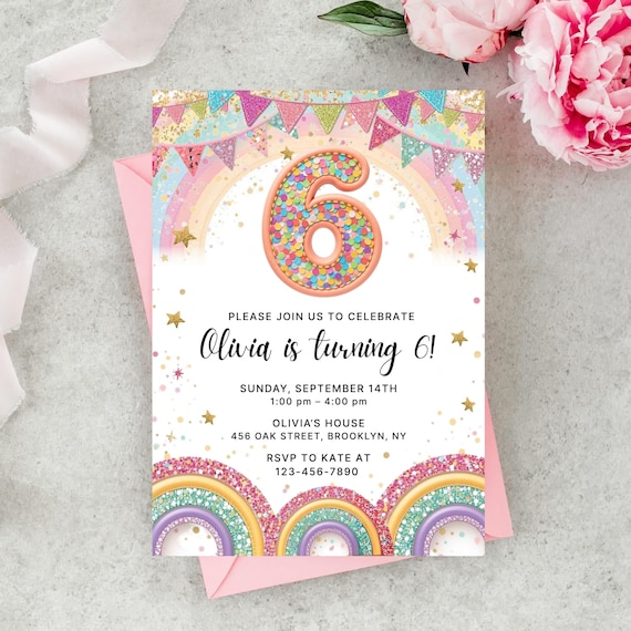 Editable Rainbow Sequin 6th Birthday Invitation: Printable Canva Template (PDF File)