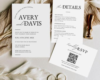 Modern Wedding Invitation with QR RSVP and Details Card, Minimalist Wedding Invitation Bundle, Printable Editable Canva Template