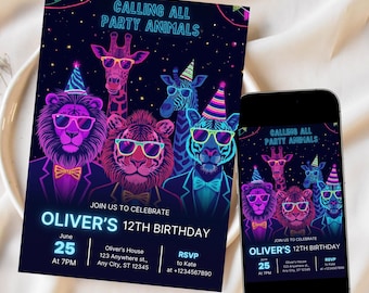 Editable Party Animals Birthday Invitation Template for Kids | Customizable Canva Invite for Fun Animal-Themed Party | Neon Invite
