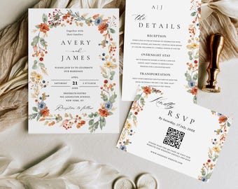 Fall Wildflower Wedding Invitation Set, Autumn Floral Wedding Invitation, Rustic Wedding Invite, Editable Canva Template, Instant Download