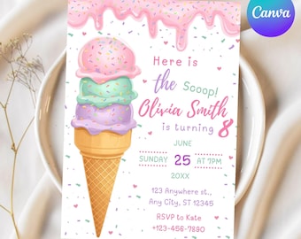 Ice Cream Birthday Invitation for Girl Birthday, Editable Ice Cream Party Invitation, Here's the Scoop Ice Cream Birthday Party, Canva