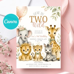 Może przedstawiać: Zaproszenie urodzinowe z akwarelowymi ilustracjami słoniątka, lwa, lamparta i żyrafy. Tekst brzmi: SHE IS TWO WILD, JOIN US TO CELEBRATE, Eva's 2nd Birthday, SUNDAY, MARCH 14TH at 3:30 PM, EVA'S HOUSE, 456 SUNSET AVE., PALM SPRINGS, CA, RSVP TO EMILY 123-456-7890.