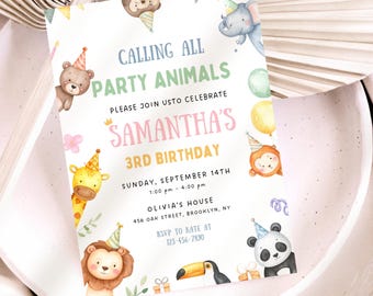 Calling All Party Animals Invitation, Party Animals Kids Birthday Invite, Animals in Birthday Hats, DIY Editable Canva Template