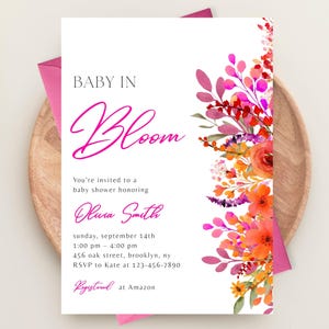 Bright Flowers Baby in Bloom Baby Shower Invitation, Pink Floral Baby Shower Invitation Template, Girl Baby Shower Invite, Printable Invite