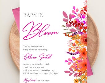 Bright Flowers Baby in Bloom Baby Shower Invitation, Pink Floral Baby Shower Invitation Template, Girl Baby Shower Invite, Printable Invite