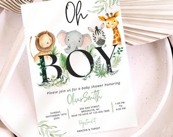 Invitation de baby shower Oh Boy Safari modifiable dans la verdure Invitation de baby shower safari dans la jungle Invitation animaux de safari Modèle imprimable Téléchargement immédiat