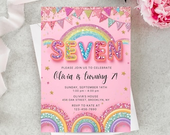 Editable Pink Rainbow Sequin 7th Birthday Invitation: Printable Canva Template (PDF File)