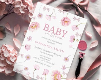 Inbjudan till babyshower med blommotiv, inbjudan till flicka, rosa babyshower med blommotiv, redigerbar rosa vildblommainbjudan