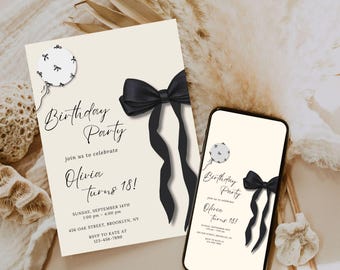 Black Bow Birthday Invitation Template: Editable Black Bow Birthday Invite, Elegant Editable Party Invite, Instant Download, Canva Printable