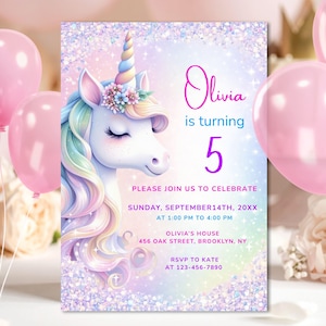 May include: A unicorn-themed birthday invitation in pastel colours. The design includes a unicorn with a rainbow mane and horn, floral details, and the text "Olivia is turning 5." The invitation also provides party details and RSVP information.