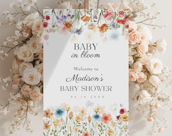 Bewerkbaar welkomstbord Baby In Bloom: welkomstbord wilde bloemen babyshower (canvasjabloon)