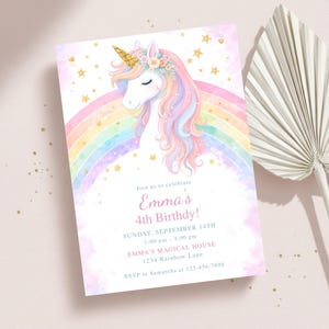 May include: A pastel-themed invitation card with a unicorn illustration, a golden horn, and a floral crown, set against a rainbow and stars. The text reads "Emma's 4th Birthday!" with event details.