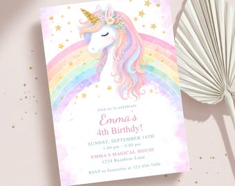 Editable Unicorn Birthday Invitation | Pastel Rainbow Party Invite | 5x7 Printable Template | Canva Template