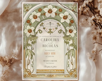 Wedding Suite, Printable Vintage Wedding Invitation Template Art Nouveau by Mucha Classic Editable Retro Invite Art Deco Instant Download
