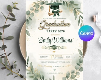 Elegant Graduation Party Invitation: Editable Green Gold Class of 2026 Grad Announcement (Digital Download)