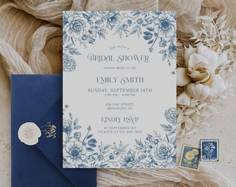 Vintage Floral Bridal Shower Invitation: Blue Toile Bridal Shower Invite (Digital Download, Editable Template)