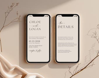 Invito elettronico moderno per matrimonio, modello minimalista per invito a nozze, scheda dettagliata, invito per smartphone, invito digitale, invito online