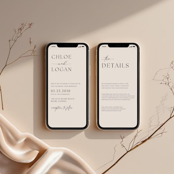 Modern Electronic Wedding Invitation, Minimalist Wedding Invitation Template, Details Card, Smartphone Invite, Digital Invite, Online Evite